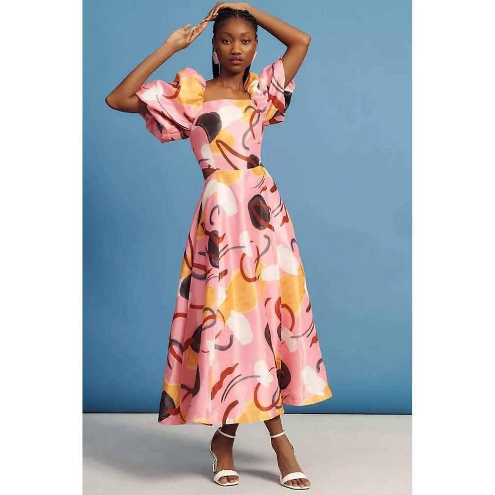 Aureta Anthropologie Printed Linen Puff Sleeve Cutout Dress Pink Abstract M